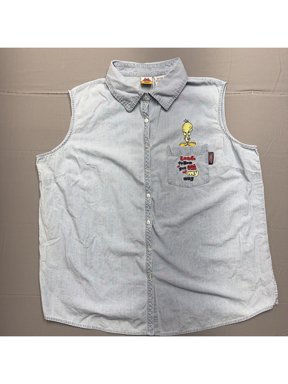 Looney Tunes Womens Vintage Tweety Bird Denim Sleeveless Shirt 18W/20W Blue Y2K